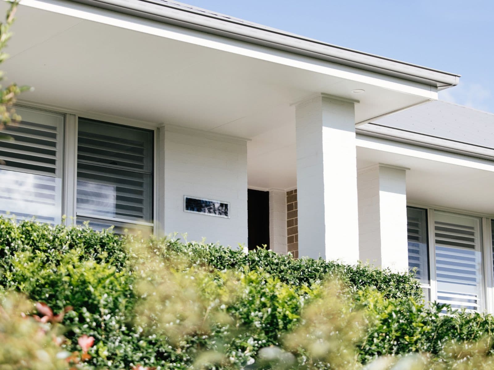 The entrance of a modern single-storey home behind a clipped hedge