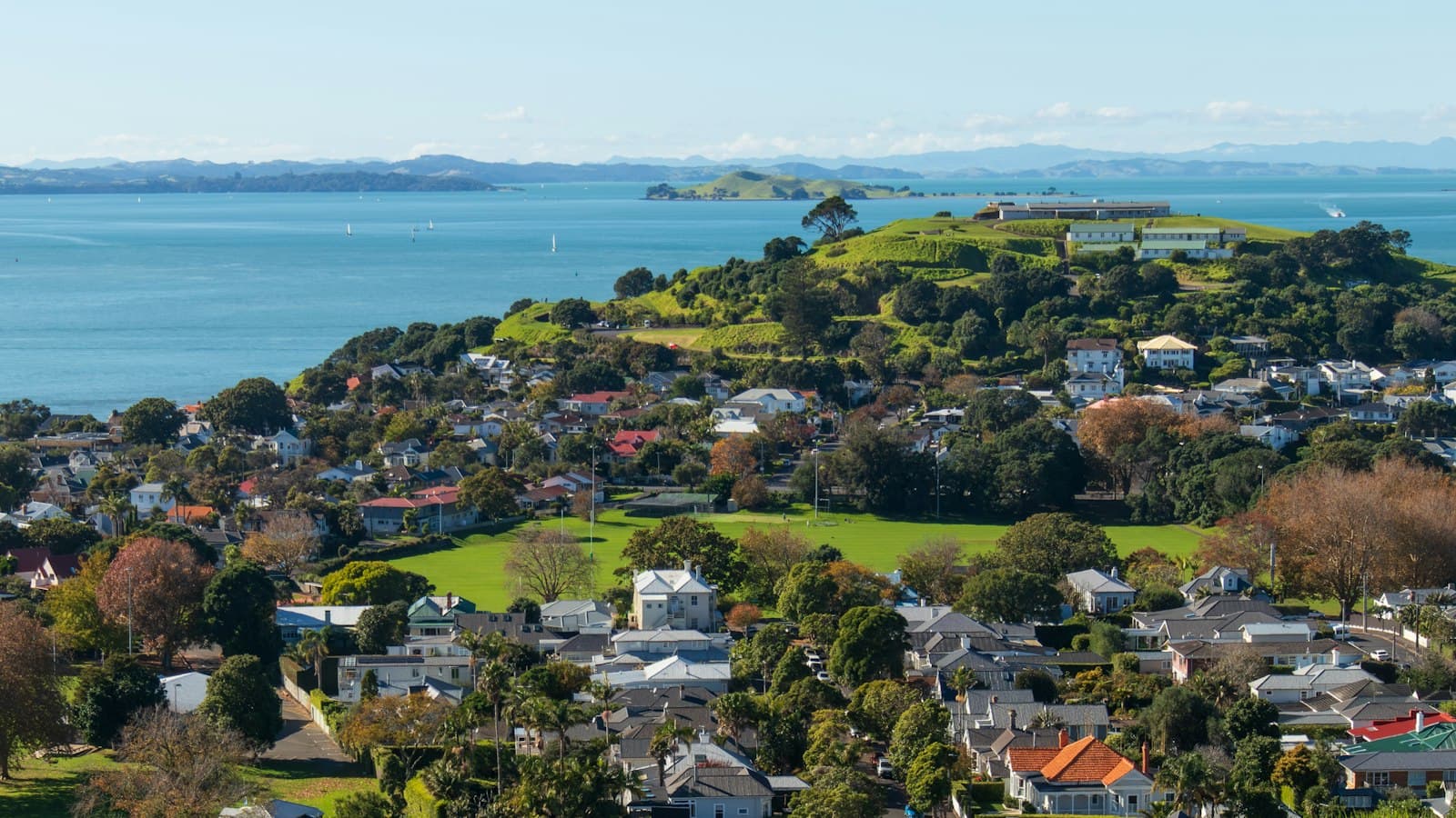 Houses and trees on a hillside running down to a green headland and a wide blue harbour